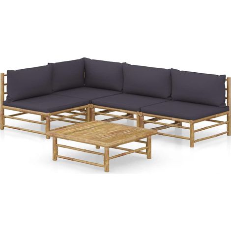 Salon de jardin 5 pcs Ensemble Table et Chaise de Jardin - avec coussins gris foncé Bambou BV445468 - BonneVie (1/5)