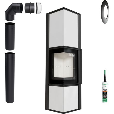 Eckkaminofen KRATKI TORA 8 kW ∅150 Weißes Glas Zubehör & Türsystem (1/5)