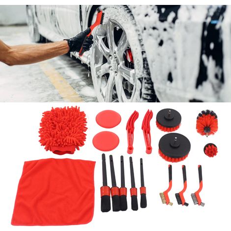 Kit d'outils de nettoyage automobile 18 pièces comprenant un ensemble de brosses de détail et un ensemble de brosses de perçage pour le nettoyage des jantes. (1/5)