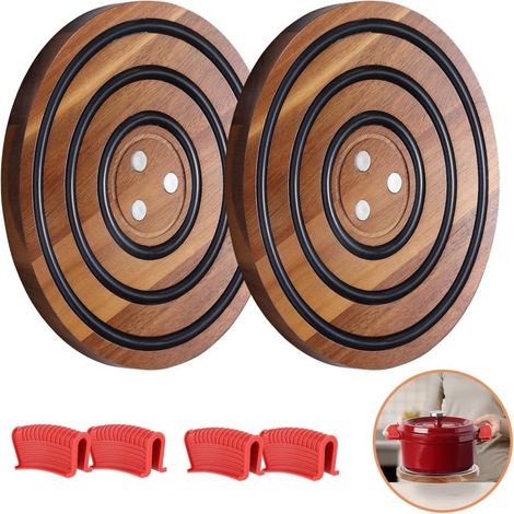 Lot de 2 dessous de plat en bois d'acacia Attyactive avec anneaux en silicone noir, compatible avec les cocottes et poêles en fonte émaillée Le Creuset. (1/5)
