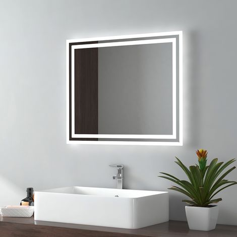 EMKE Illuminated LED Bathroom Mirror, Wall-Mounted Vanity Mirror with LED Light, Button Switch, Demister Pad, Adjustable Color Tones 500x600mm (1/5)
