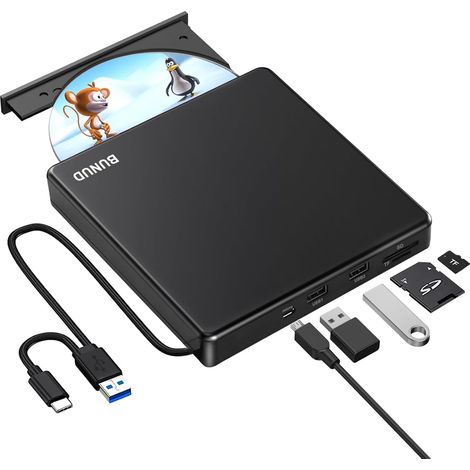 Lecteur CD/DVD Externe pour PC: USB 3.0 Type-C Lecteur CD Externe avec 2 USB et Fente SD/TF - Portable Lecteur Graveur CD DVD Externe pour PC Mac MacBook Pro Air Windows 11/10 iMac Laptop