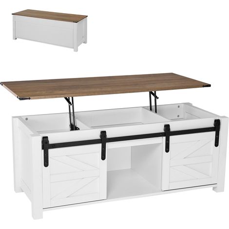 Table basse à plateau relevable rectangulaire, 1200 x 500 x 480 mm, table de salon avec porte de grange et compartiment de rangement dissimulé, pour bureau, maison, blanc et marron rustique (1/5)