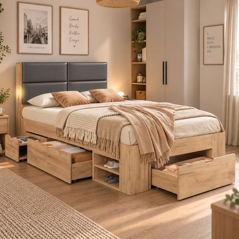 Lit Simple 90 x 200 cm à tiroirs Tête de Lit rembourrée en PU rangement généreux port USB bois coloris naturel (1/5)