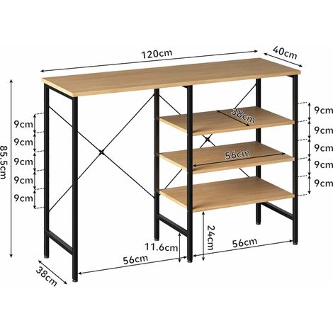 Table d'appoint multifonctions avec tablettes modulables, structure métal noire et plateau effet bois 120x40x85,5 cm (1/5)