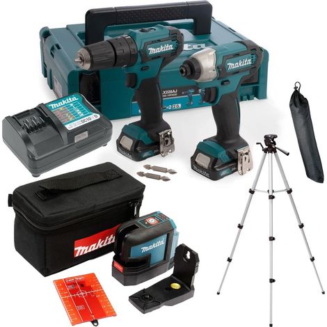 Makita CLX228AJ 12v Max Lithium Combi Hammer Drill + Cross Line Laser + Tripod