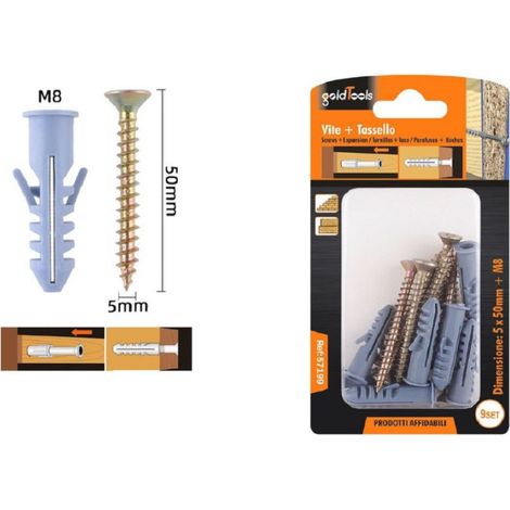 Set 9 Pièces Vis Vis 5 X 50 Mm + Chevilles Avec Ailettes Chevilles M8 Fischer 57199 (1/2)