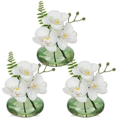 3tlg. Set Weiße Kunstblumen Orchideen mit Glasvase - Dekoblumen Wohnzimmer Büro (1/5)