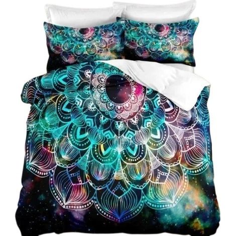 Parure de lit Mandala 240x260 cm, Noir Blanc Bleu Violet, Effet 3D, Microfibre (1/4)