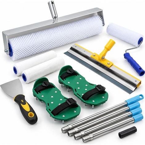 Relaxdays Set per rivestimenti pavimenti, 6 pz., rullo chiodato, racla, scarpe chiodate, spatola, bianco/verde