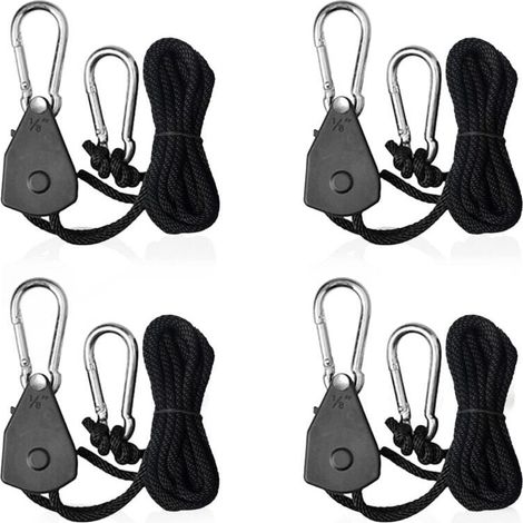 Cordes à cliquet réglables 1/8 – Lot de 4 – Charge max 34kg – Corde polypropylène tressé 2,4m – Crochets en acier inoxydable (1/5)