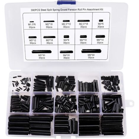 390 Pièces Goupille élastique Fendue Goupilles Fendues en Acier au Manganèse Assortiment Kit M1.5 M2 M2.5 M3 M4 M5 M6 avec la Boîte (1/5)