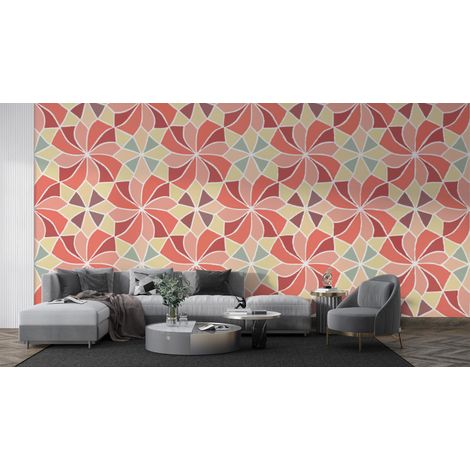 Papier peint rétro - fleurs graphiques orange et beige - 150 x 250 cm (1/2)