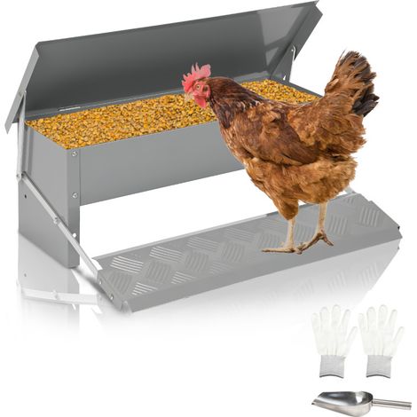 SWANEW Mangiatoia automatica con pedale antiscivolo, 5 kg, con guanti e cucchiaio, previene gli sprechi, acciaio zincato con guanti e cucchiaio (1/5)