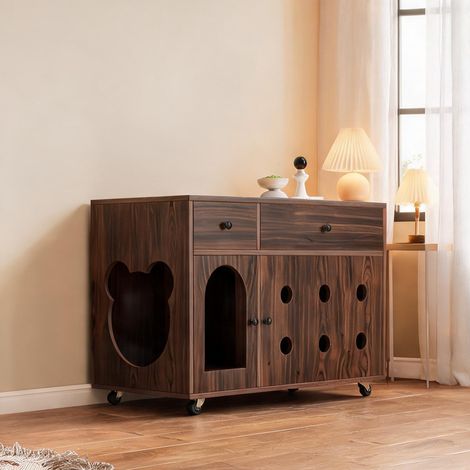 Meuble en bois pour cacher litière chat avec bac amovible 100 x (1/5)