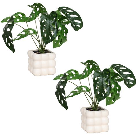 (2er-Set) 2 moderne und minimalistische grüne künstliche Pflanzen und Blumen, kleine dekorative Topfpflanzen für Büro, Wohnzimmer, Eingangsbereich, Arbeitszimmer, Inneneinrichtung (Monstera-Blatt - kü (1/2)
