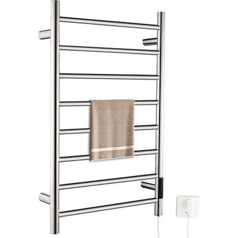 Sèche-Serviettes Électrique avec Minuteur,Porte-Serviettes Chauffant Mural avec Contrôle de la Température,170W,Acier Inoxydable 8 Bar,800x500mm,Argenté (1/5)