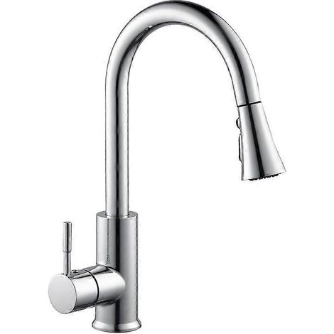 Accessoires pour robinet de lavabo de cuisine : douchette à tirette, interrupteur à bouton-poussoir avec fonction de suspension et bec de douche économique.
