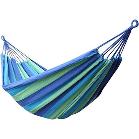 Hamac d'extérieur de Camping, en Plein air Portable en Toile, à Rayures Mélangisme Lit d'extérieur Patio Jardin Backpacking Loisirs Jardin Hamacs Ultraléger avec Sac (190 150cm, Bleu)