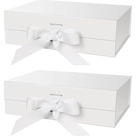 Boîtes cadeaux magnétiques avec couvercle, lot de 2, 31x22x10 cm, blanc, ruban inclus, pour mariage, anniversaire, Noël, Saint-Valentin, fête, emballage cadeau. (1/5)