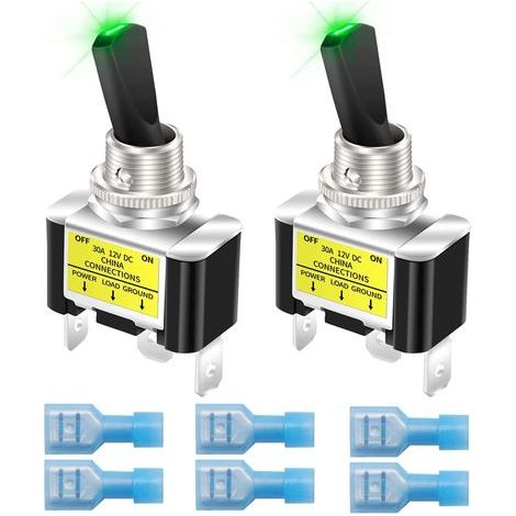 2pcs Rocker éclairé commutateur de basculement 12V 30A voiture de course lourde auto SPST ON / Off commutateur de basculement LED éclairé 12mm taille, Vert (1/5)