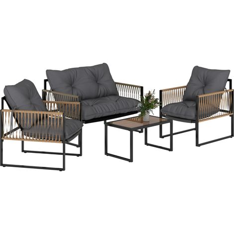 Outsunny conjunto jardín exterior de ratán, de 4 piezas, con 1 sofá de 2 plazas, 2 sillones, cojines y 1 mesa de tablero de vidrio, para patio, gris