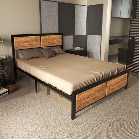 HOMCOM Double Size Bed Frame Steel Bed Base with Headboard 142 x 195cm Brown (1/5)