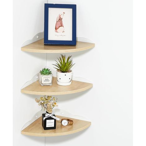 Lot de 3 Étagère d'angle Flottante Rustique en Bois, Brun Clair Etagere Murale Tablettes Flottantes Rangement pour Cuisine, Chambre, Salon, Fixations Incluses, 27CM Rayon (1/5)
