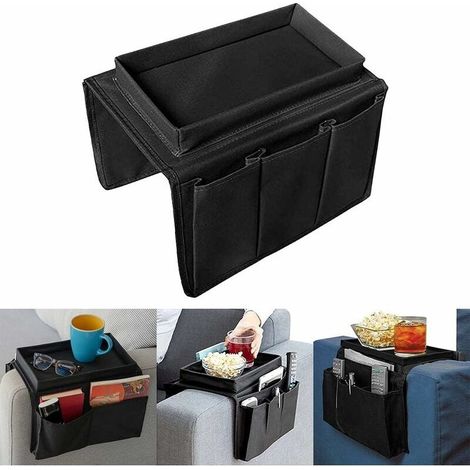 Organisateur Daccoudoir Canapé Stockage Bande Plateau Multi-Pochette Phone Magazine Snack Glasses Télécommande Tablette Tasse Rangement (Noir) (1/5)