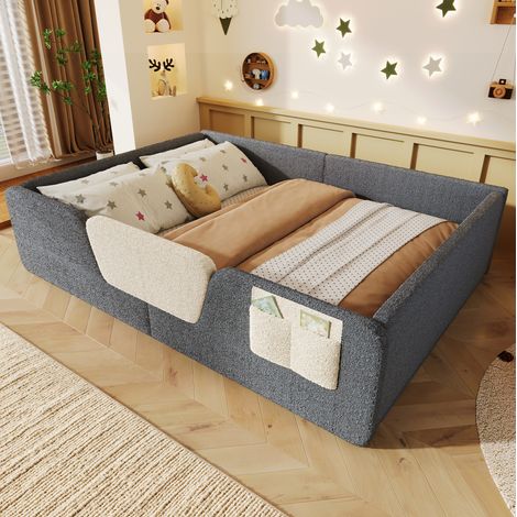 Cama infantil tapizada con barrera y bolsa gris HAVRYA (1/5)