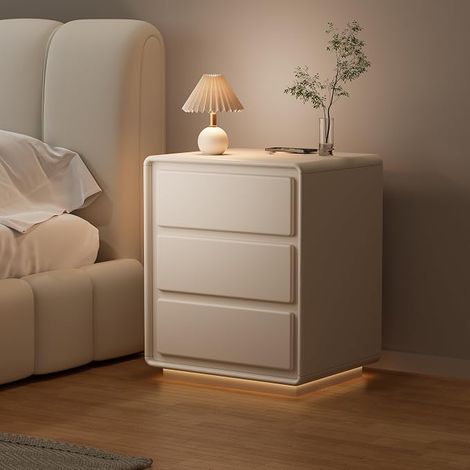 Table de Chevet Intelligente avec Chargeur sans Fil et USB – Bois Blanc Cassé 3 Tiroirs – Table de Nuit LED pour Chambre (1/5)
