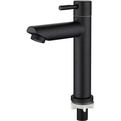 Waschbeckenarmatur, Wasserhahn mit Auslauf, Kaltwasserhahn, Standventil, Gesamthöhe: 18 cm, SCHWARZ (1/4)