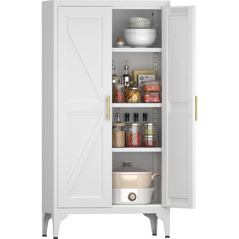 Armario despensa de metal blanco con 2 puertas y estantes regulables, 120 x 60 x 30 cm, MODENUIT (1/5)