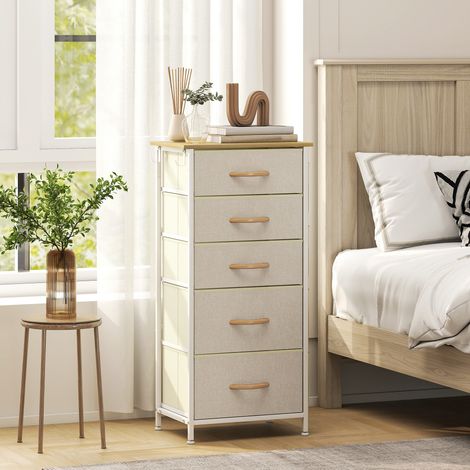 Commode à 5 tiroirs en tissu non tissé avec crochets, beige, conception robuste et durable (1/5)