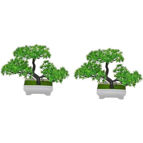 Lot de 2 plantes artificielles bonsaï en plastique, petits pots, fausses plantes et fleurs décoratives pour la maison, la chambre ou une table, vertes (1/5)