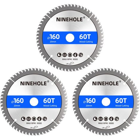 3pcs Lames de scie circulaire 160 x 20 mm (anneau 16 mm), 60 dents Coupes propres, Disque à Tronçonner pour Bois, Sèche, Stratifié, Cloison, Contreplaqué, Plastique (1/5)