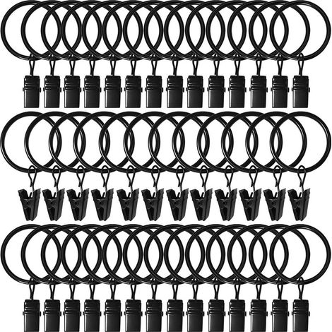 Set mit 40 Gardinenringen inklusive Clips, 3,2 cm Innendurchmesser, passend für Gardinenstangen bis 2,5 cm, schwarz