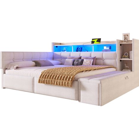 Lit banquette 140x190 avec 2 tiroirs, niche de rangement, banc coffre au pied, ports usb et type-c, éclairage led, structure bois, velours, beige (1/5)