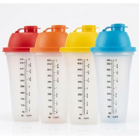 Set 4 Shaker da Cucina 50 cl in Plastica con Scala Graduata Bicchiere Dosatore 500 ml con Tappo ad incastro Multicolore Assortiti per Cocktail Proteine Pastelle Salse ed Emulsioni caffe' freddo granit (1/5)