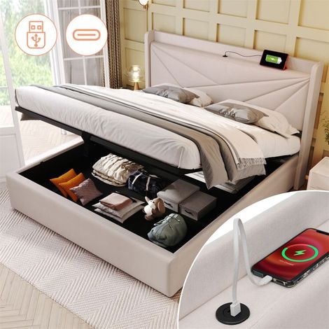Lit rembourré 180x200 beige en lin avec tête USB‑C, rangement et sommier à lattes – capacité 300 kg