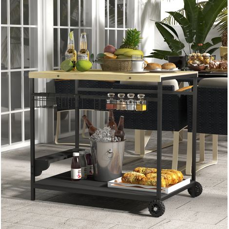 Servierwagen 97,5 x 65 x 81 cm aus Naturholz mit Metallkörben und Ablagen (1/5)