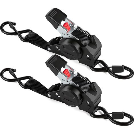 Lot de 4 Sangles à cliquet Automatique 3m x 25mm avec Crochets en S 750kg Charge de Rupture D'arrimage à rétraction Automatique pour Moto, remorque, Camion - Noir (1/5)
