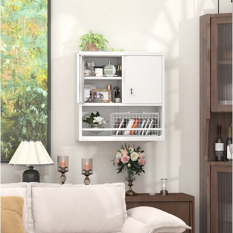 Armario de pared de metal con 2 puertas y estantes regulables, blanco, REDOM (1/5)