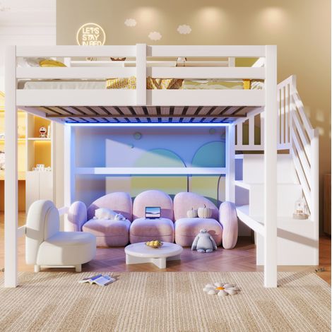 Cama alta infantil 140x200 cm con LED, almacenamiento y escalera, blanca, OKWISH (1/5)