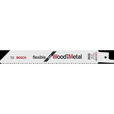 Lame de scie sabre pour bois avec métal, coupe droite fine, Réf. Bosch : S 922 HF, Qualité de lame de scie BiM, Long. totale 150 mm, Pas de dents : 2,5 mm