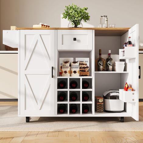 Îlot de cuisine mobile 137,5 x 40-65 x 95,6 cm blanc avec plateau rabattable, rangements, porte-bouteilles et roulettes (1/5)