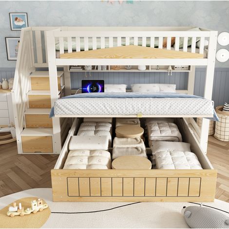 Letto a castello sfalsato 90/140x200 cm bianco e naturale in legno e metallo con contenitore (1/5)