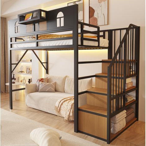 Cama alta 255x95.5x187 cm, con escalera con almacenaje y estante, barra de luz, metal y MDF, negro (1/5)