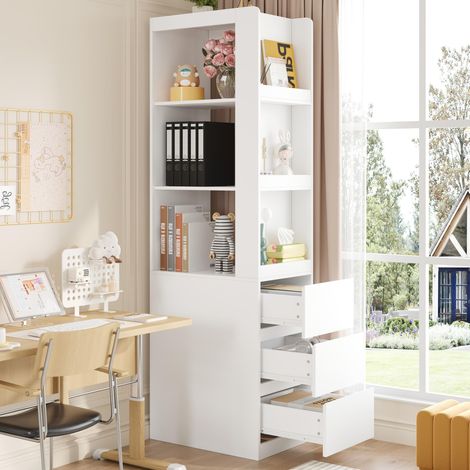 Libreria alta 200 cm con 3 ripiani aperti e 3 cassetti, mobile contenitore verticale, scaffale alto per soggiorno, ufficio o bagno, 60 x 40 x 200 cm, bianca (1/5)