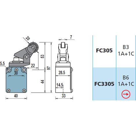 FC305 1NA + 1NC Interruttore di Posizione a leva con rotella Finecorsa